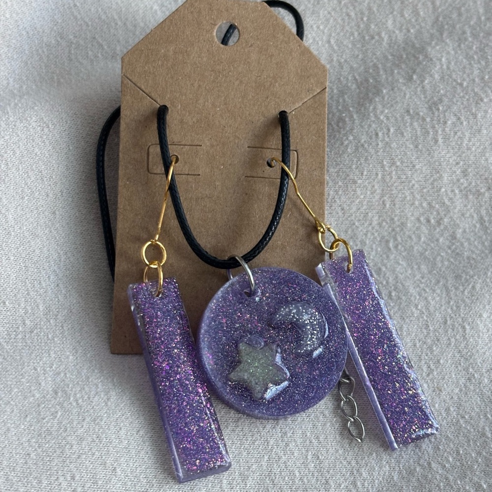 Purple Glitter Pendant Necklace and Earring set